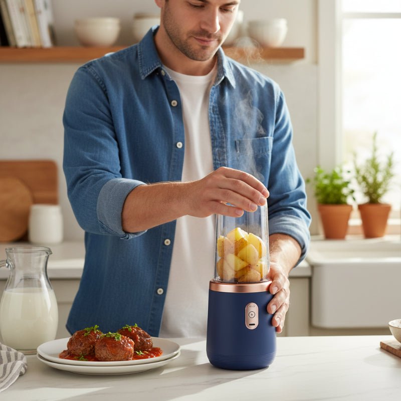 presse purée électrique homme préparant purée de pomme de terre portion individuelle