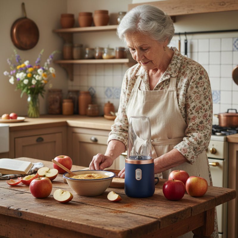 presse purée électrique dame préparant compote de pommes