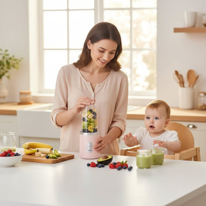 presse purée électrique mère préparant purée pour bébé