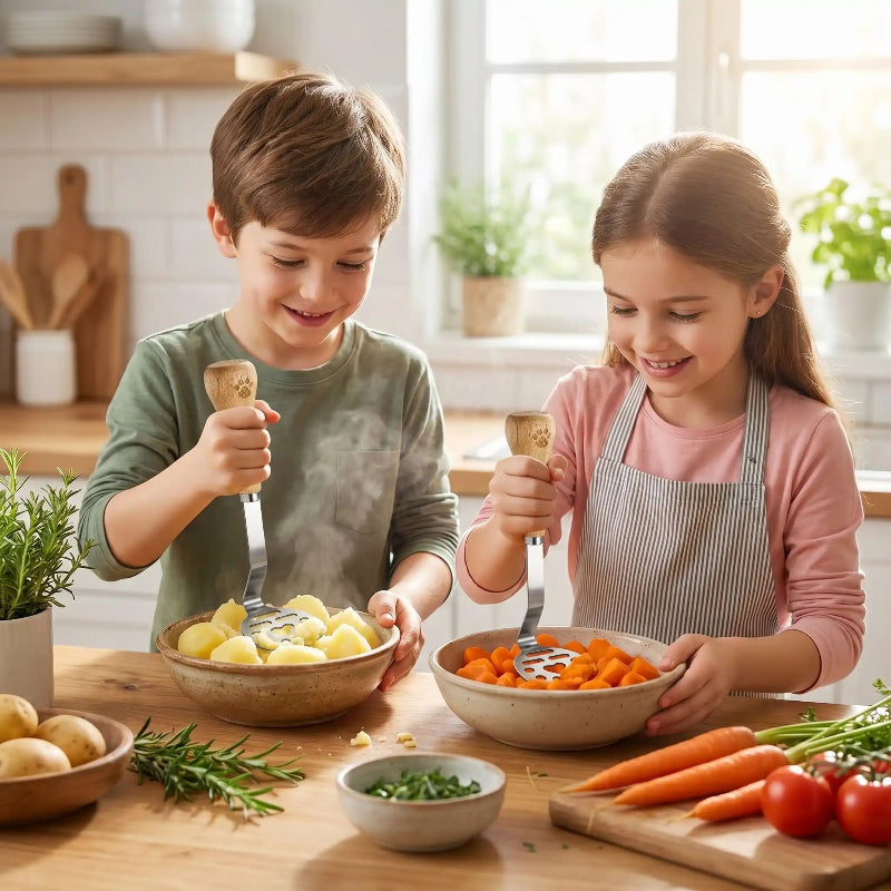presse purée frère et soeur pilant joyeusement leurs légumes