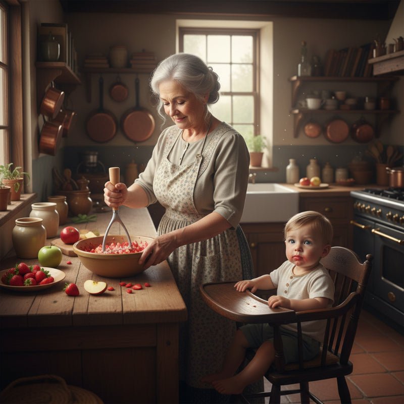 presse purée grand-mère préparant purée pomme fraises pour bébé