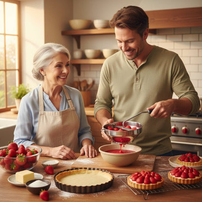 presse purée homme mère préparent coulis de fraises
