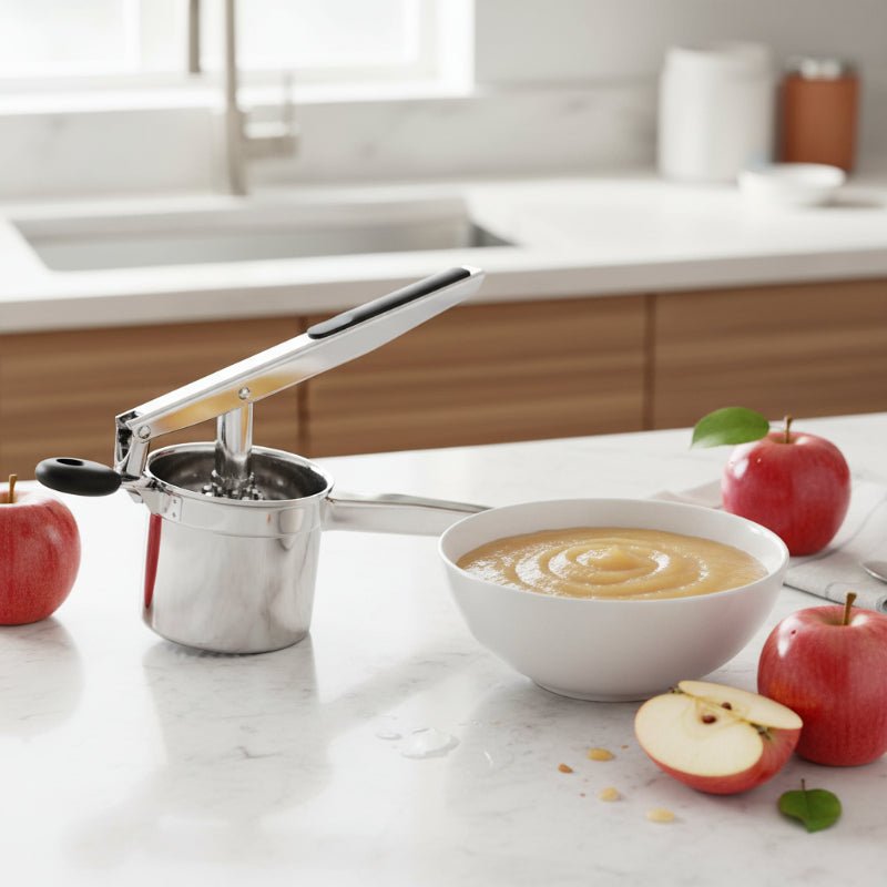 presse puree inox compote et pomme sur comptoir cuisine
