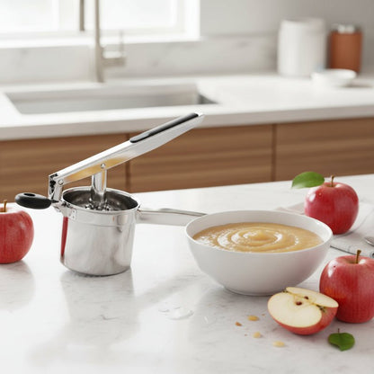 presse puree inox compote et pomme sur comptoir cuisine