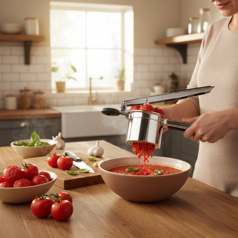 presse puree inox femme préparant sauce tomate avec tomate