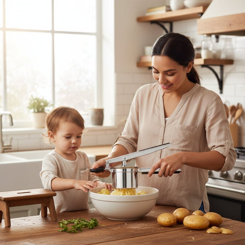 presse puree inox mère préparant purée avec enfant
