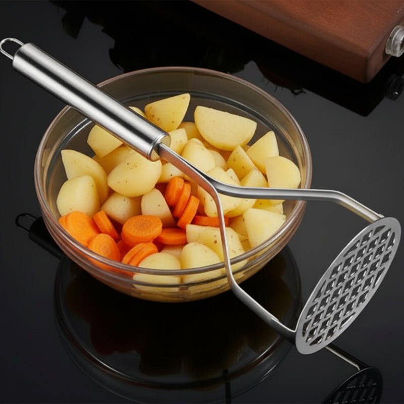 Presse-purée manuel avec bol de pomme de terre carottes sur comptoir cuisine