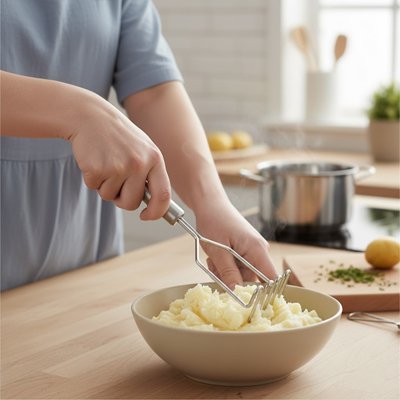 presse puree manuel dame écrasant pomme de terre dans un bol