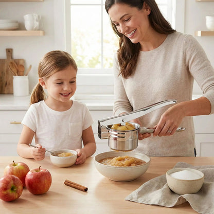 presse purée manuel mère préparant compote pomme avec enfant