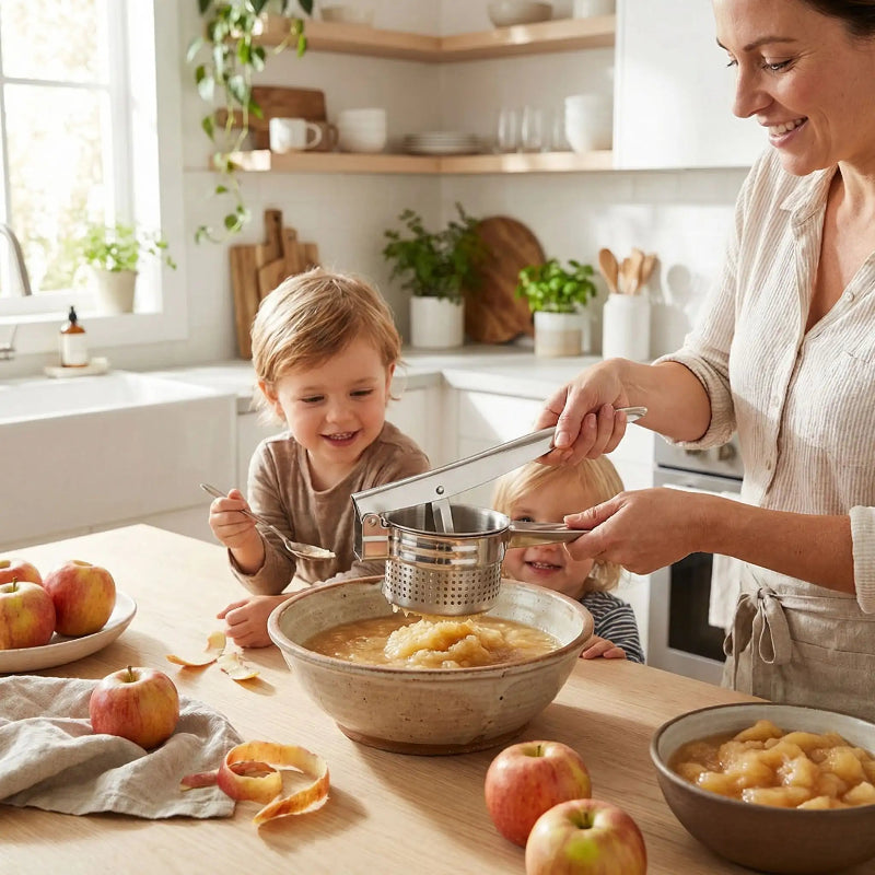 presse purée manuel mère préparant compote pommes avec enfants