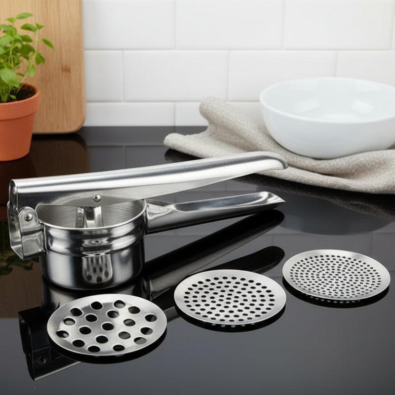 presse purée manuel sur comptoir avec différents disques