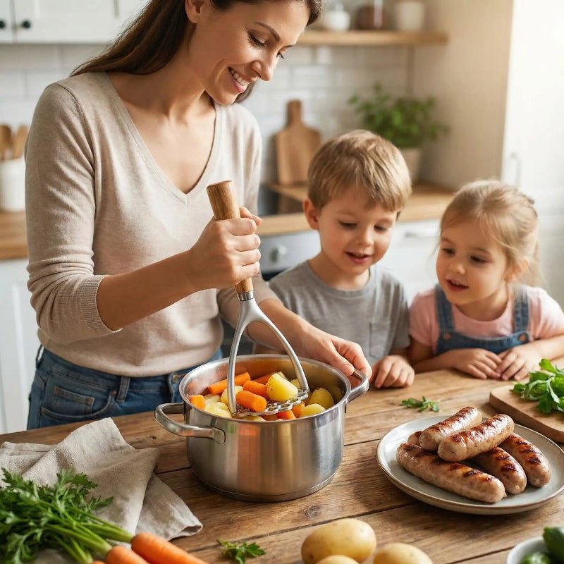 presse purée mère préparant souper avec enfants