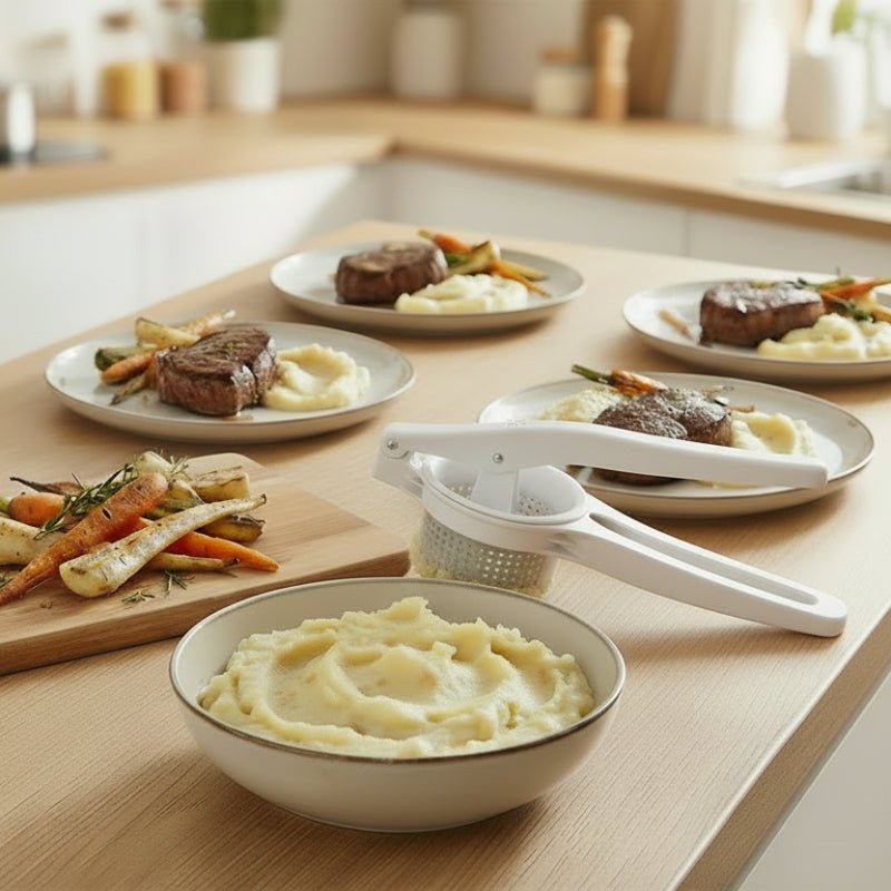presse purée quatres assiette steak purée légumes sur comptoir cuisine