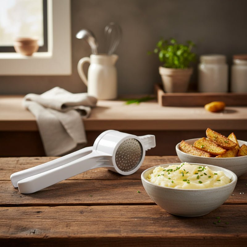 presse purée sur comptoir avec bol purée et bol quartier pomme de terre