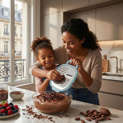 râpe a fromage maman avec fille râpant chocolats