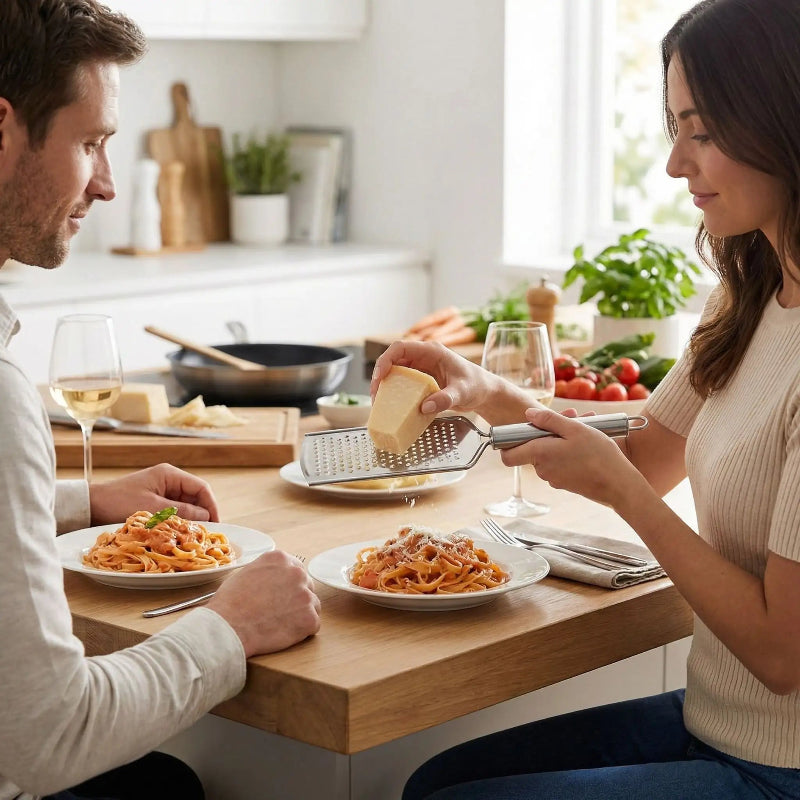 râpe fromage manuelle couple mangeant pâtes raclant fromage