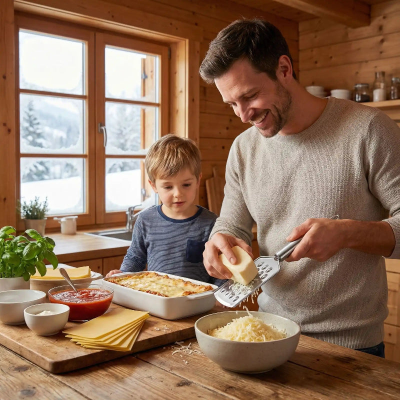 râpe fromage manuelle père fils préparant lasagne râpant fromage