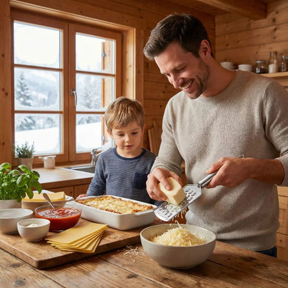 râpe fromage manuelle père fils préparant lasagne râpant fromage