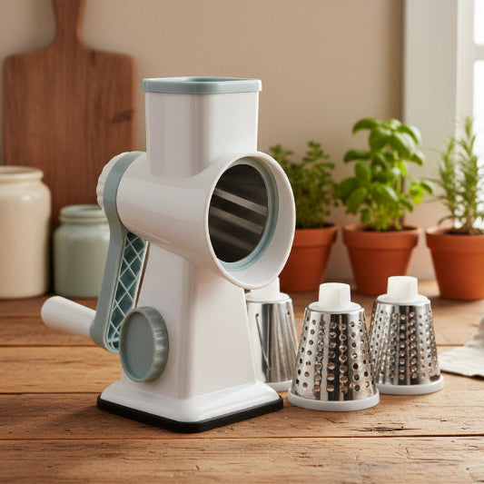 râpe légumes manuelle blanc avec 3 sortes râpes dans cuisine