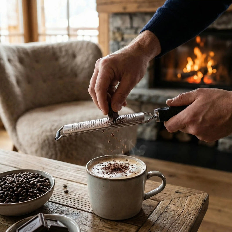 zesteur homme râpant chocolat dans café près du feu